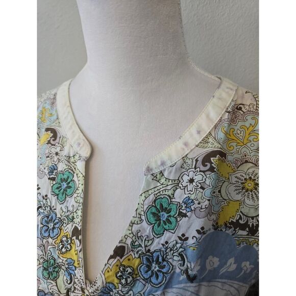 Boho Paisley Print & Knit Flowers Cotton Tunic Top 3/4 Sleeve Size L-M Artsy - Picture 3 of 8